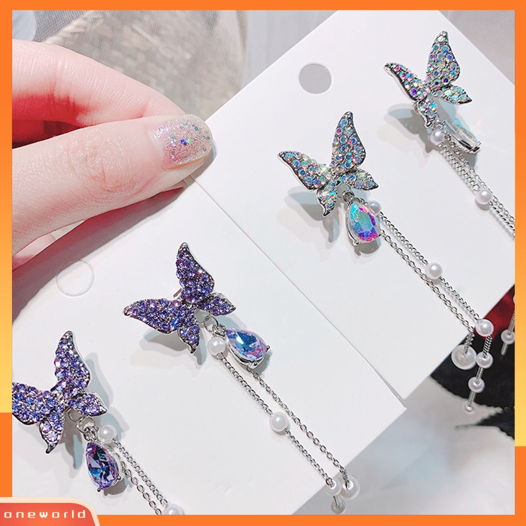 [WOD] 1pasang Berlian Imitasi Bersinar Rantai Rumbai Anting Lady Kupu-Kupu Hidup Mutiara Imitasi Anting Pejantan Anting Elegan