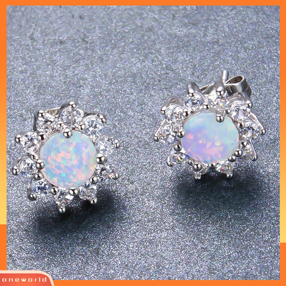 [WOD] Shiny Round Faux Opal Bentuk Mahkota Charm Stud Earrings Wanita Pesta Perhiasan Hadiah