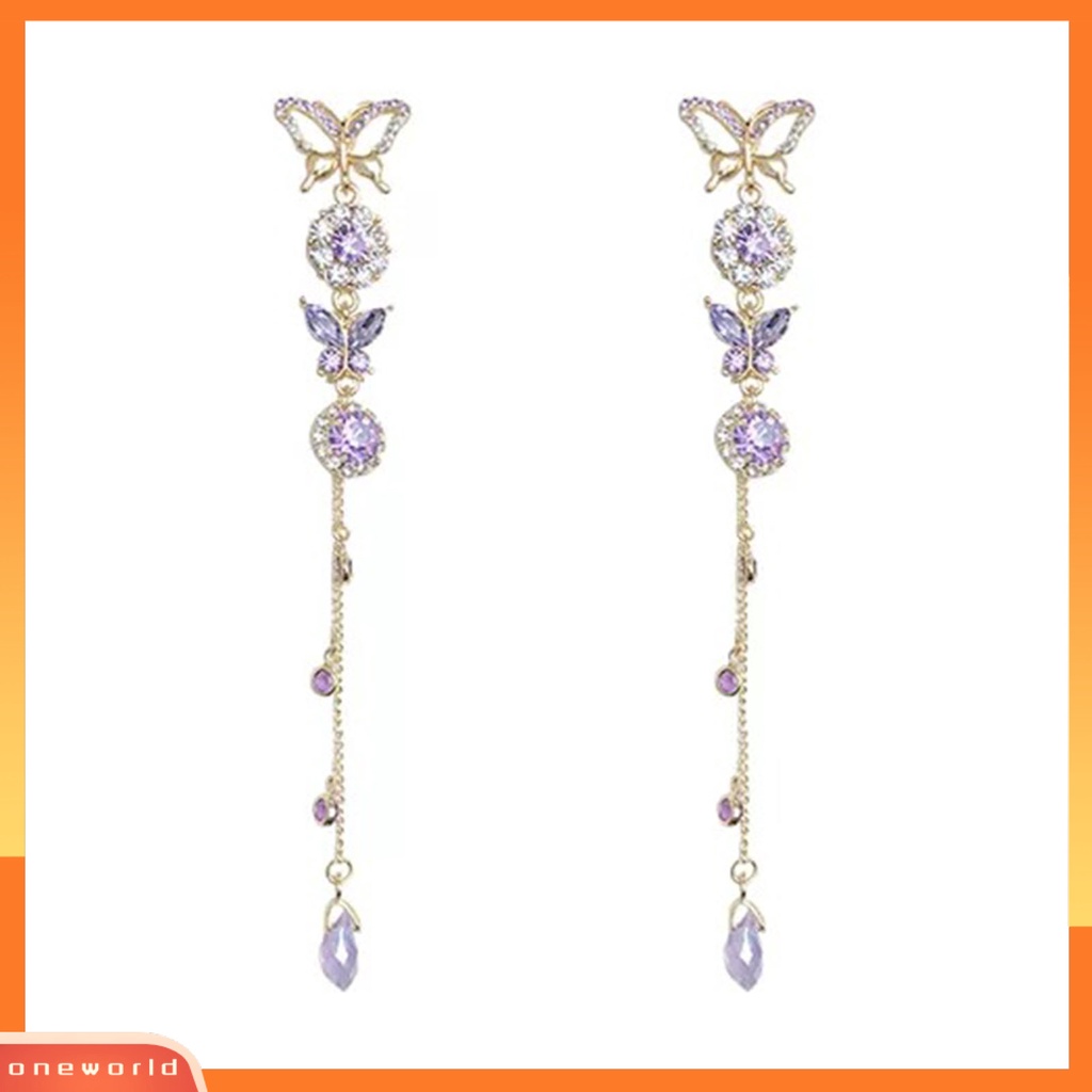 [WOD] 2pcs /Set Anting Elegan Butterfly Alloy Ungu Kristal Imitasi Menjuntai Drop Untuk Anniversary