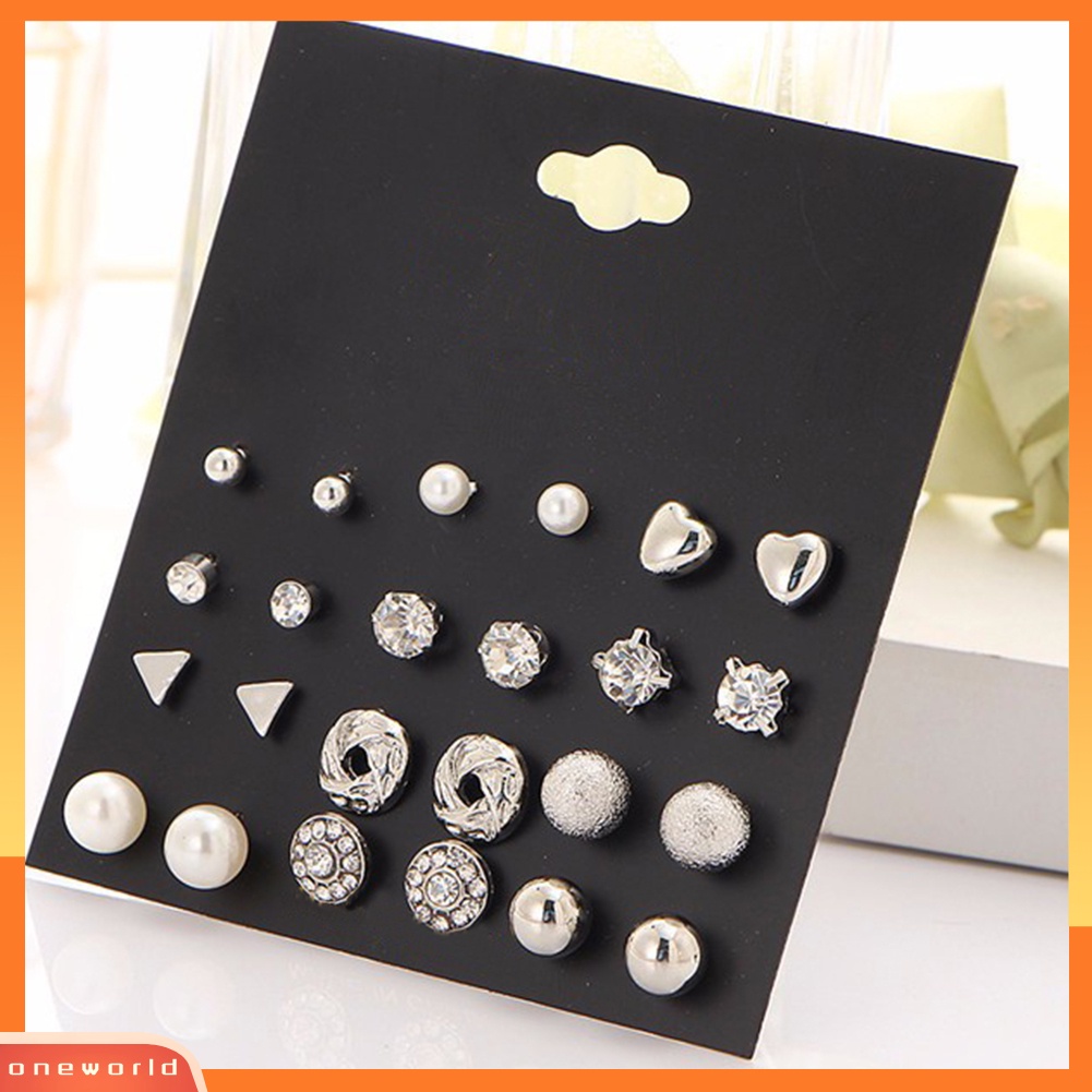 [WOD] 12pasang /Set Mutiara Imitasi Hati Cinta Mahkota Segitiga Stud Earring Lady Jewelry