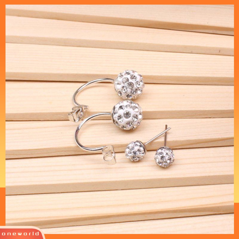 [WOD] 1pasang Perhiasan Wanita U-shape Double Beaded Rhinestone Ball Stud Earrings