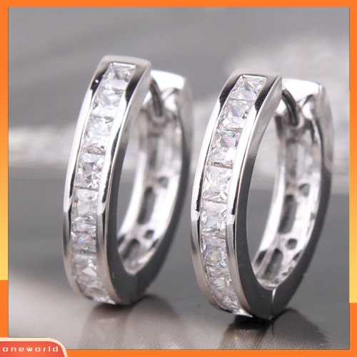 [WOD] Fashion Pria Perak Berlapis Bulat Kecil Persegi Berlian Imitasi Hoop Huggie Earrings