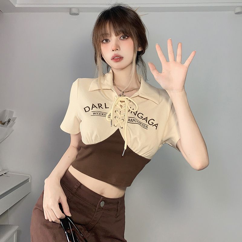 American Retro Lengan Pendek T-Shirt Slim Fit Lapel Top Wanita Musim Panas