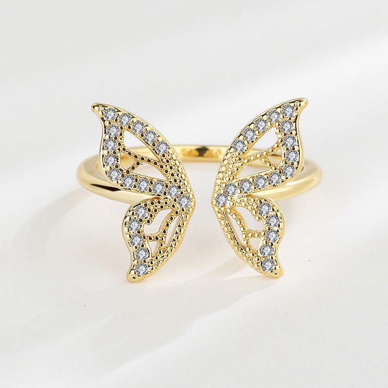 Korea Emas Berongga Kupu-Kupu Kubik Zirkon Tembaga Cincin Untuk Wanita Adjustable Terbuka Desain Pave Zirkon Butterfly Ring Pernikahan Perhiasan Hadiah