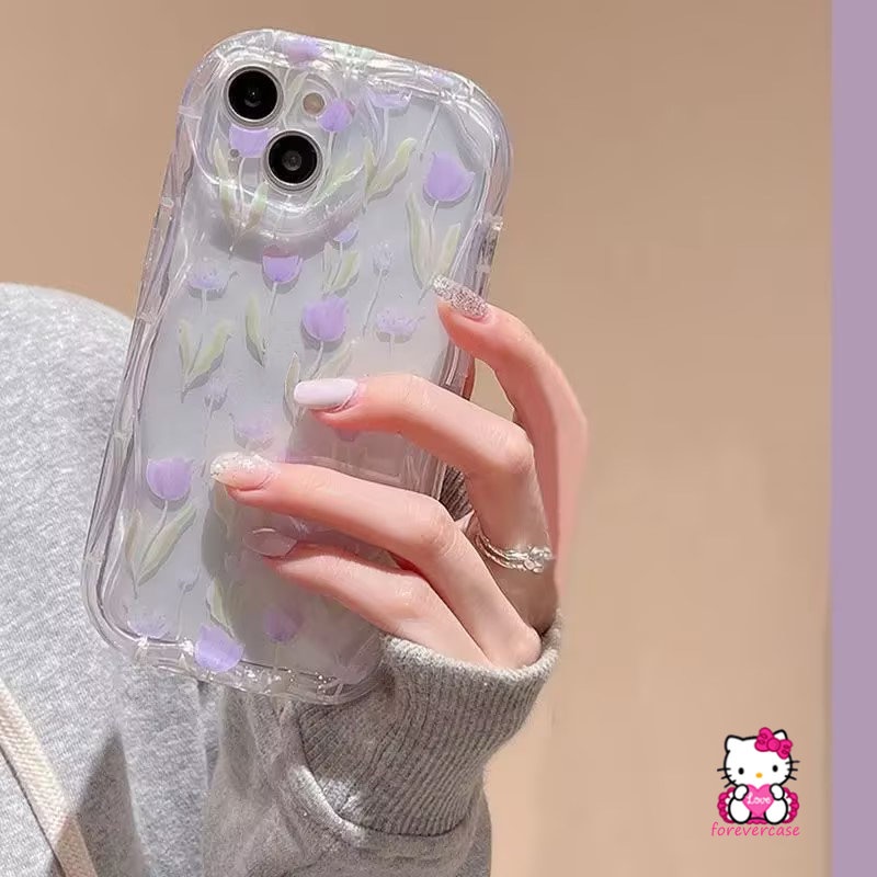 IPHONE Bunga Segar 3D Wavy Curved Edge Soft Tpu Case Kompatibel Untuk Iphone11 14 13 12 Pro Max 7Plus XR X XS Max 8Plus 7 6s 8 6 Plus SE 2020 Cover Telepon Bunga Tulip Ungu Transparan