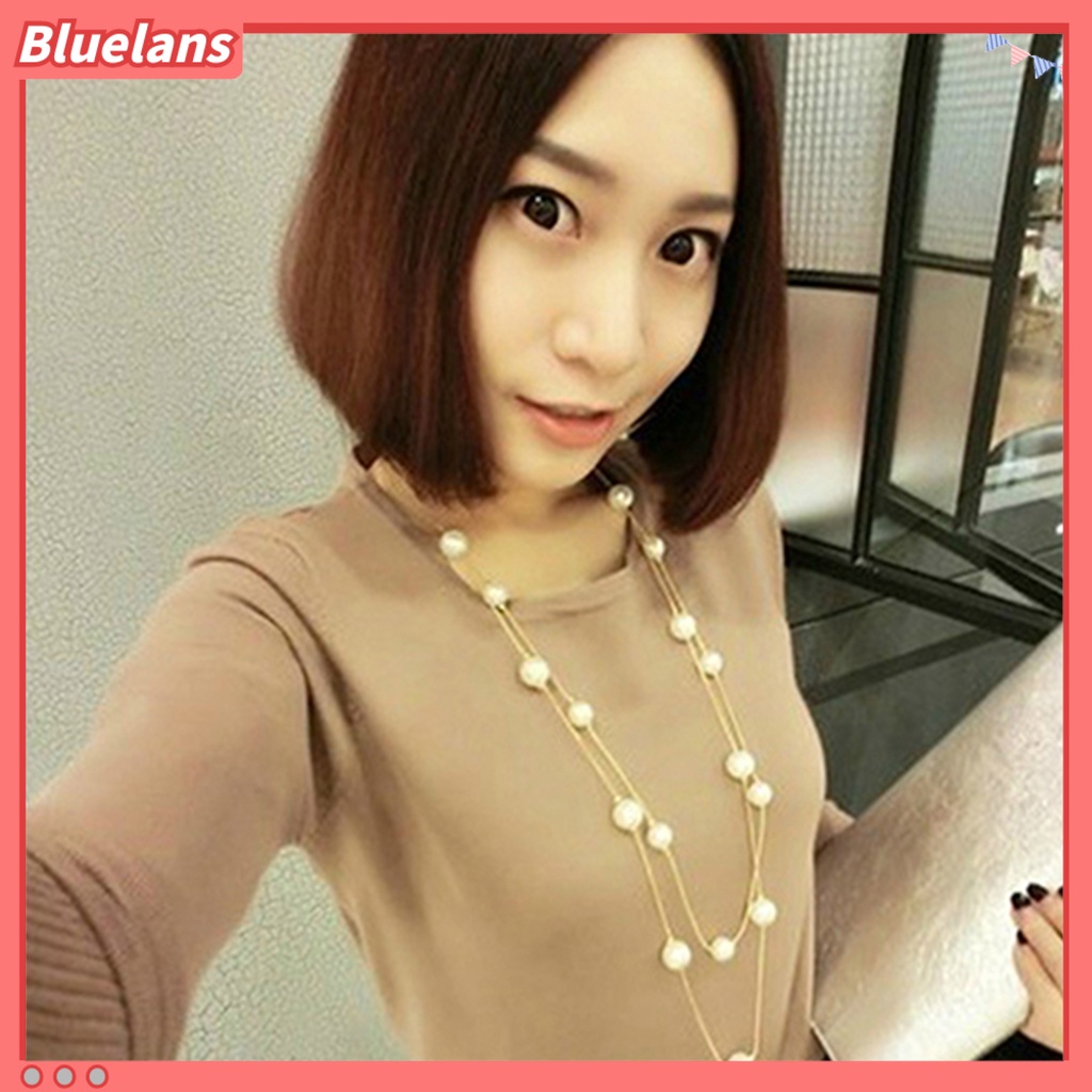 [BLS] Kalung Double Layer All-match Alloy Faux Pearl Decor Sweater Necklace Untuk Pesta