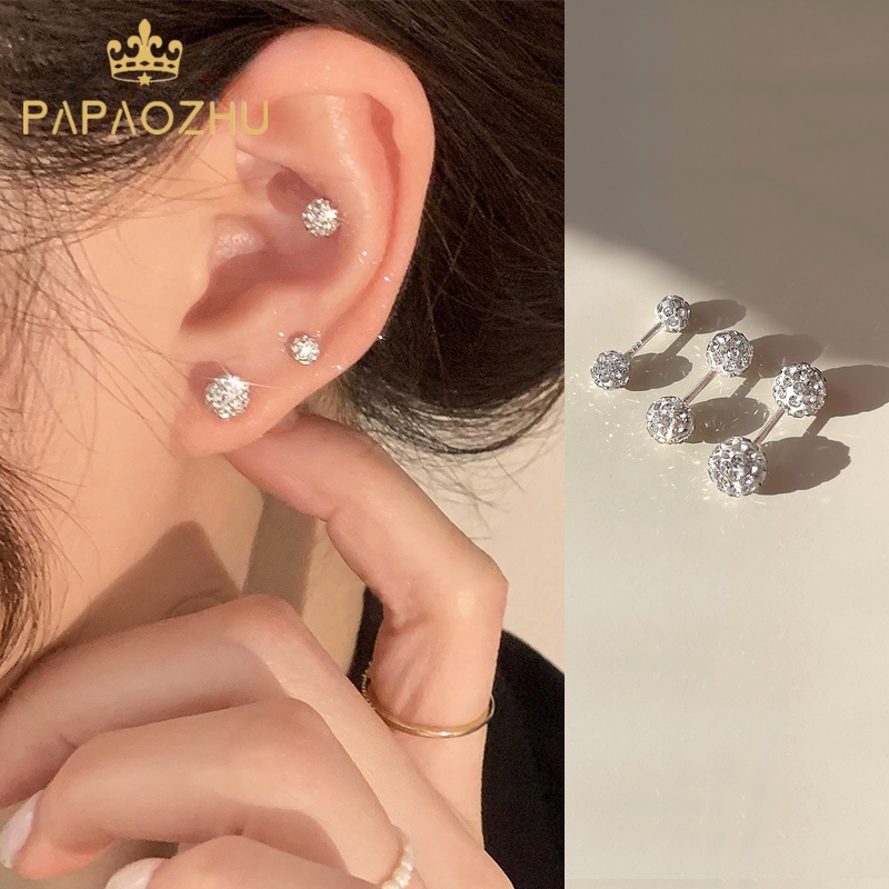 Papaozhu 1 Pc Chic S925 Perak Bersinar Zirkon Bulat Bola Stud Anting-Anting Untuk Wanita Perempuan Mewah Berkilauan Kristal Anting-Anting Elegan Telinga Aksesoris Makan Malam