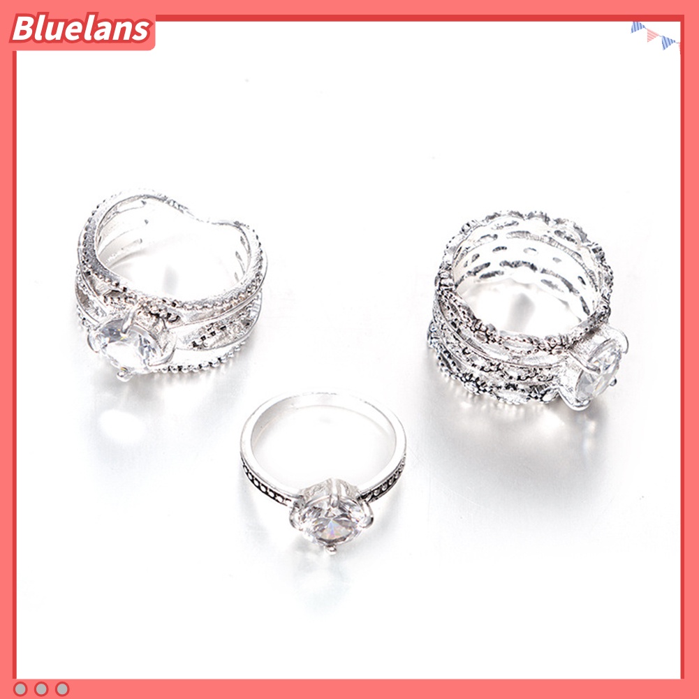[BLS] 3pcs Vintage Berlian Imitasi Bertatahkan Melubangi Jari Cincin Set Perhiasan Wanita