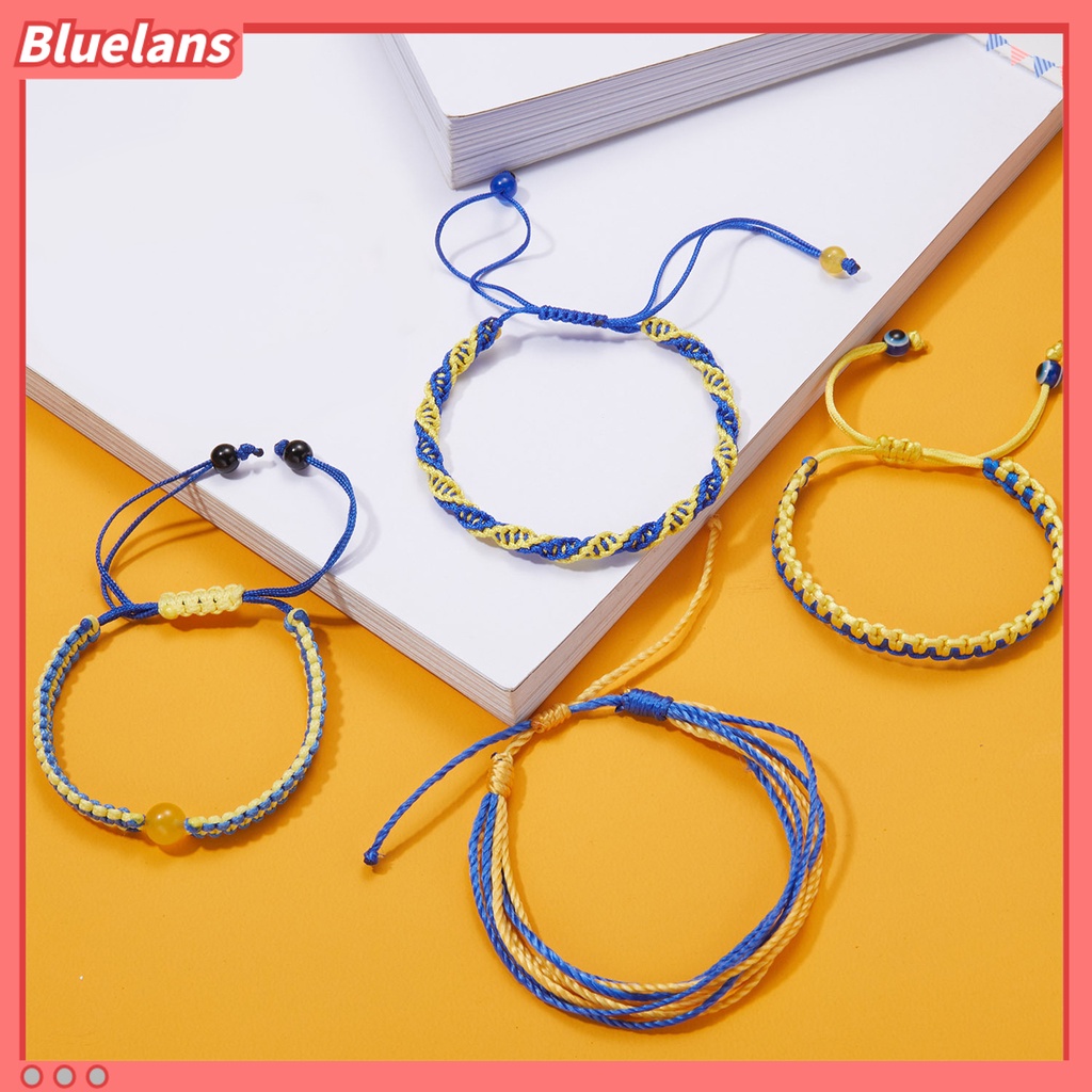 [BLS] Tenun Tangan Tali Kuat Dikepang Gelang Tahan Aus Gaya Etnik Biru Kuning Patchwork Adjustable Gelang Perhiasan Aksesoris