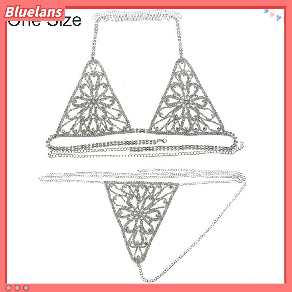 [BLS] 1set Wanita Tubuh Rantai Jas Berlian Imitasi Mengkilap Seksi Pola Bunga Perhiasan Rantai Pakaian Bikini Bra Thong Cover Up Clubwear