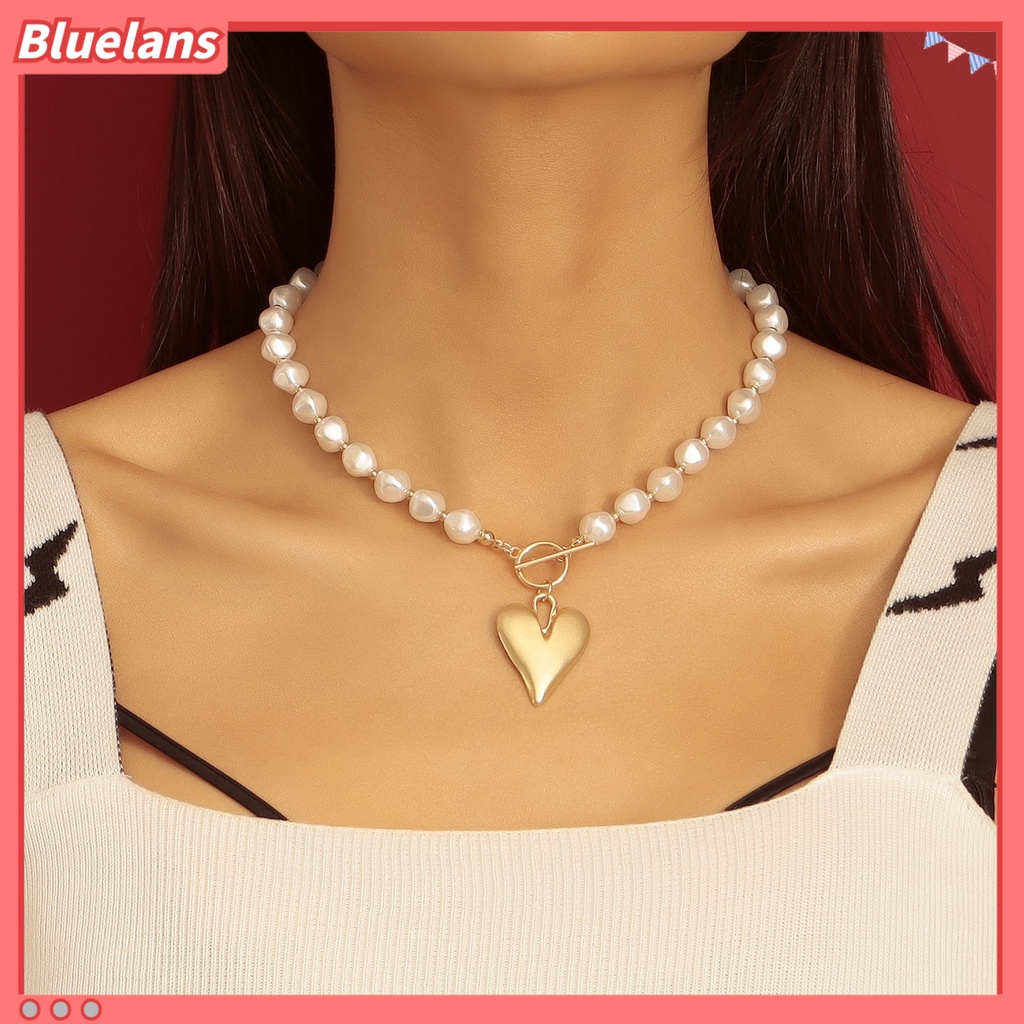 [BLS] Wanita Kalung Emas Cinta Hati Elegan Temperamen Buatan Tangan Gloss Tinggi Rantai Mutiara Imitasi Klavikula Kalung Fashion Perhiasan