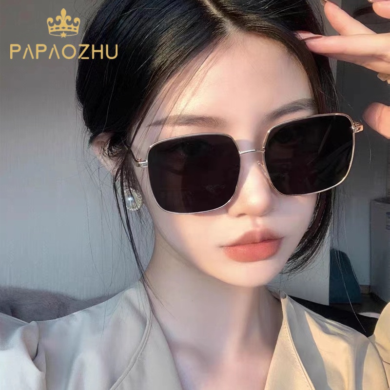 Papaozhu Chic Besar Perak Bingkai Persegi Kacamata Hitam Untuk Wanita Perempuan Gaya Perlindungan UV400 Mengemudi Nuansa Kepribadian Kacamata Daily Eyewear