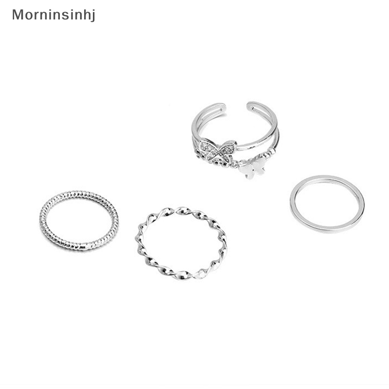 Mornin 4PCS Set Cincin Kupu-Kupu Lingkaran Polos Warna Silver Opening Adjustable Fashion Cincin Jari Pribadi Untuk Wanita Perhiasan Trendi id