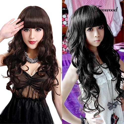 Twowood Woman Girl Fashion Panjang Keriting Bergelombang Cosplay Penuh Pesta Wig Rambut Dengan Topi Wig