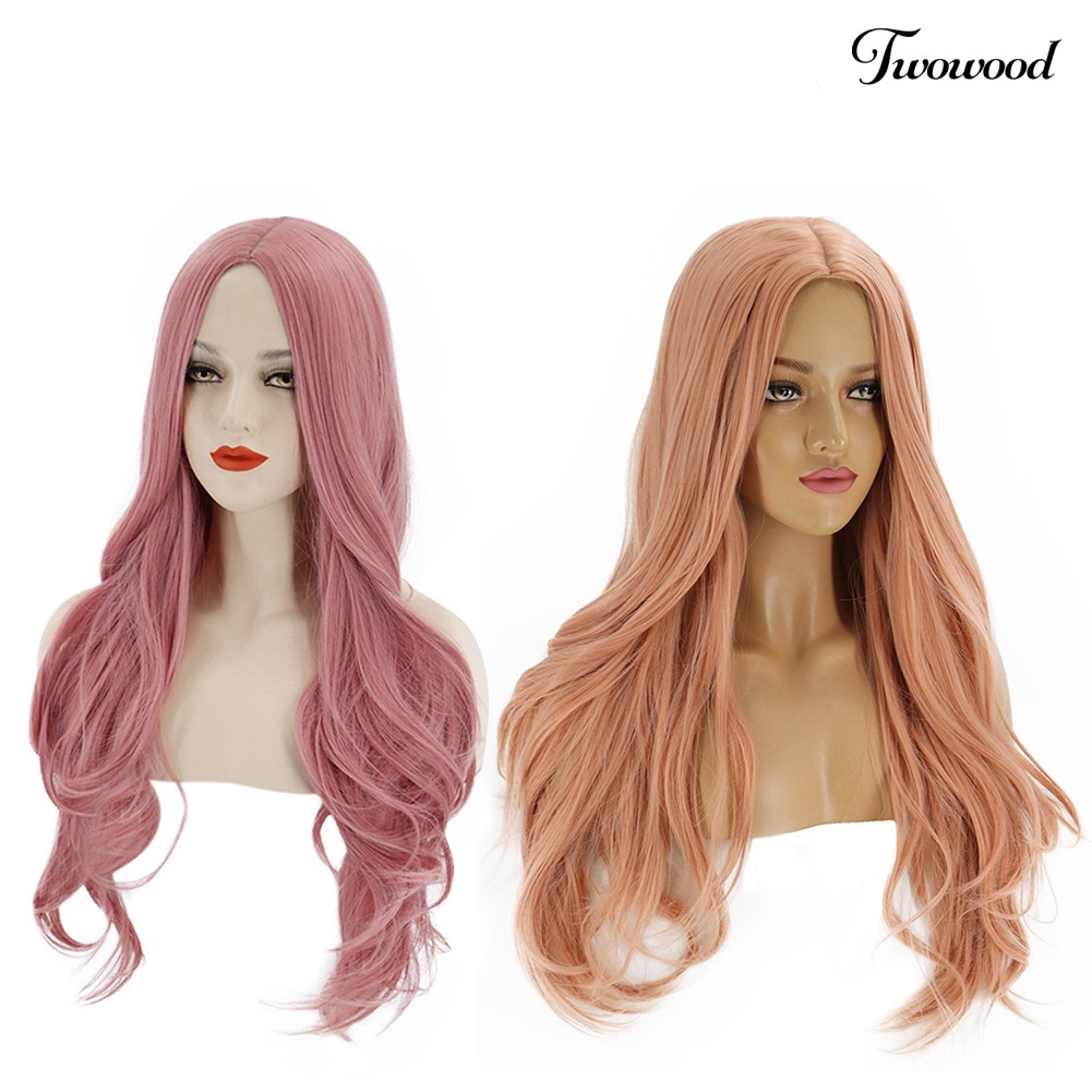 Twowood Wanita Tahan Panas Panjang Keriting Rambut Orange Pink Pesta Wig Ekstensi Sopak