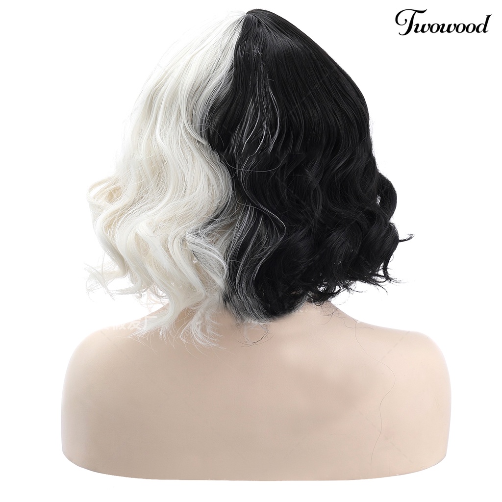 Twowood Cruella Wig Vivid Styles Wavy Serat Suhu Tinggi Setengah Hitam Kecil Pendek Keriting Karena Wig Alat Cosplay