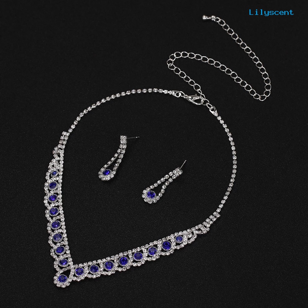 [LS]1 Set Kalung Pengantin Elegan Bling Biru Berlian Imitasi Wanita Kalung Tetesan Air Anting Kit Perhiasan Pernikahan