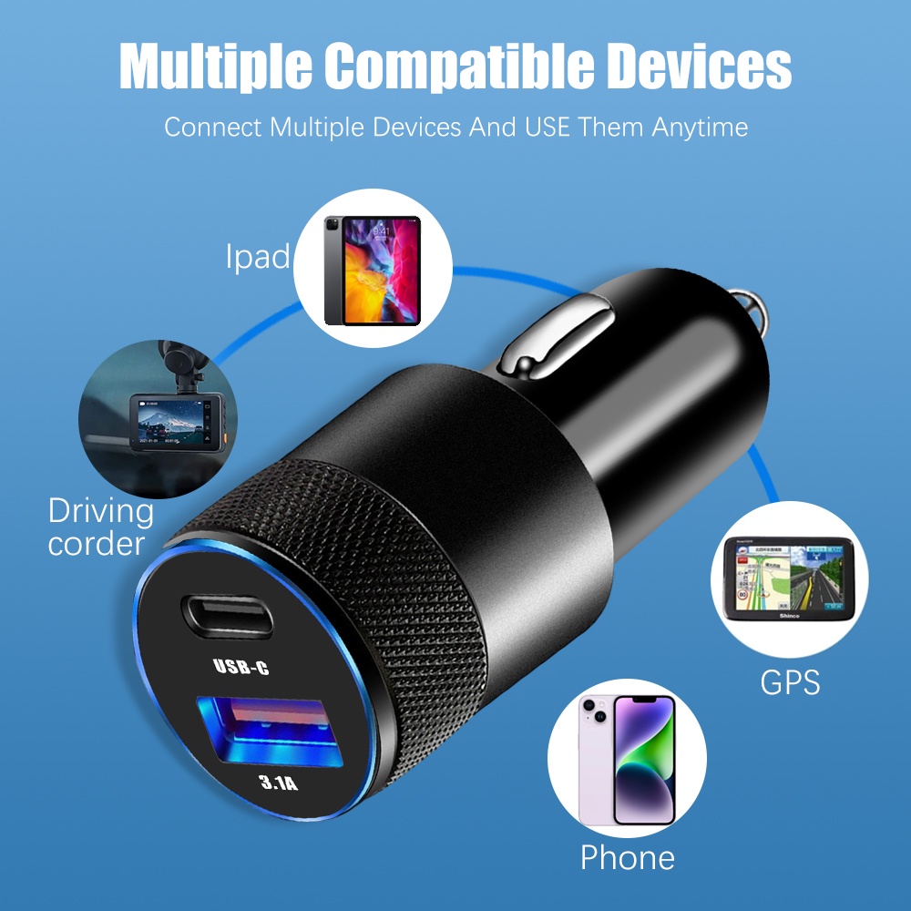 3.1a 15/38W Dual Ports Car Quick Charger Type-C USB Adaptor Ponsel QC3.0 USB +PD Fast Charger Hitam Paduan Aluminium Charger Aksesoris Interior Mobil