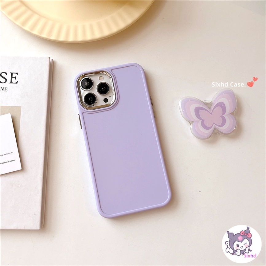 IPHONE Kompatibel Untuk Iphone11 14 13 12 Pro Max8 7Plus X Xs Xr Xs Max SE2020 Electroplated Lens Frame Protection Simple Purple Butterfly Fashion Phone Case+Braket Lembut Anti Jatuh Cover