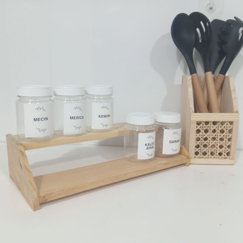 Rak Bumbu Toples Kayu Model Tangga 2 Susun - Tempat Bumbu Dapur 2 Tier - Abik Store