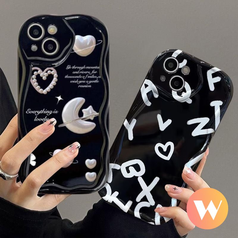 IPHONE Case Kompatibel Untuk Iphone11 14 12 13 Pro Max 7Plus 8Plus XR 6s 6 7 8 Plus X XS Max SE 2020 3D Wavy Curved Edge Romantic Bulan Bintang Cinta Hati Alphabet Cover