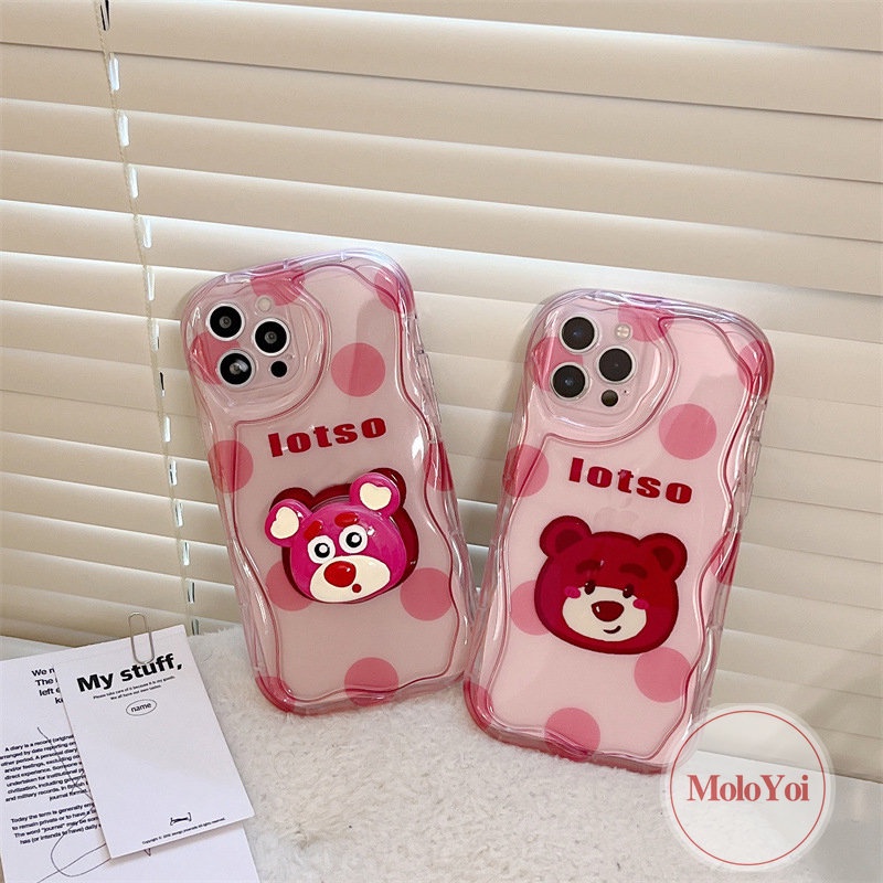 IPHONE Case Ponsel Beruang Strawberry Kartun Kompatibel Untuk Iphone7 6 8 6s Plus 11 13 12 14 Pro Max XR X XS Max 7Plus SE 2020 3D Wavy Curved Edge Holder Cover Dengan Penutup Bracket Manyo Lucu