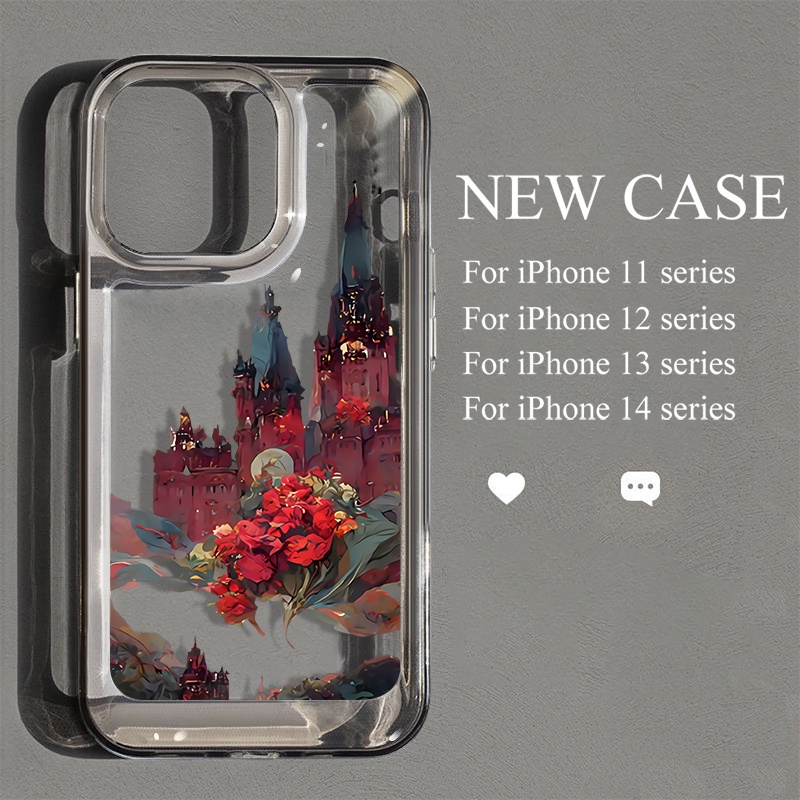 IPHONE Casing Kastil Mawar Merah Untuk Iphone6 Kompatibel 7 8 6Plus 7Plus 8Plus 11 14 Pro Max X XS XR 11 12 13 14 Pro Max SE 2020 2022 Plating Electroplated Buttons Shockproof Cover
