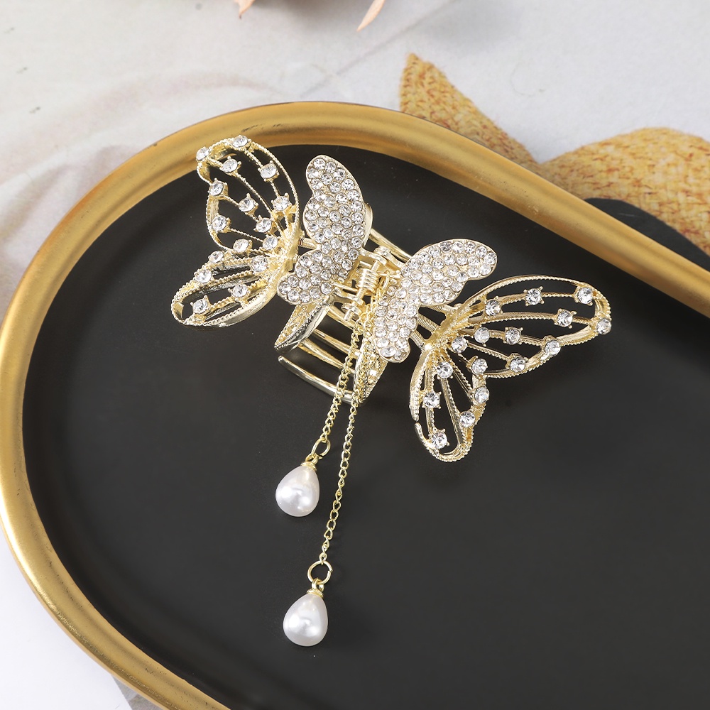 Alloy Butterfly Hair Clip Hair Claw Fashion Berlian Imitasi Mutiara Jumbai Jepit Rambut Wanita Aksesoris Rambut