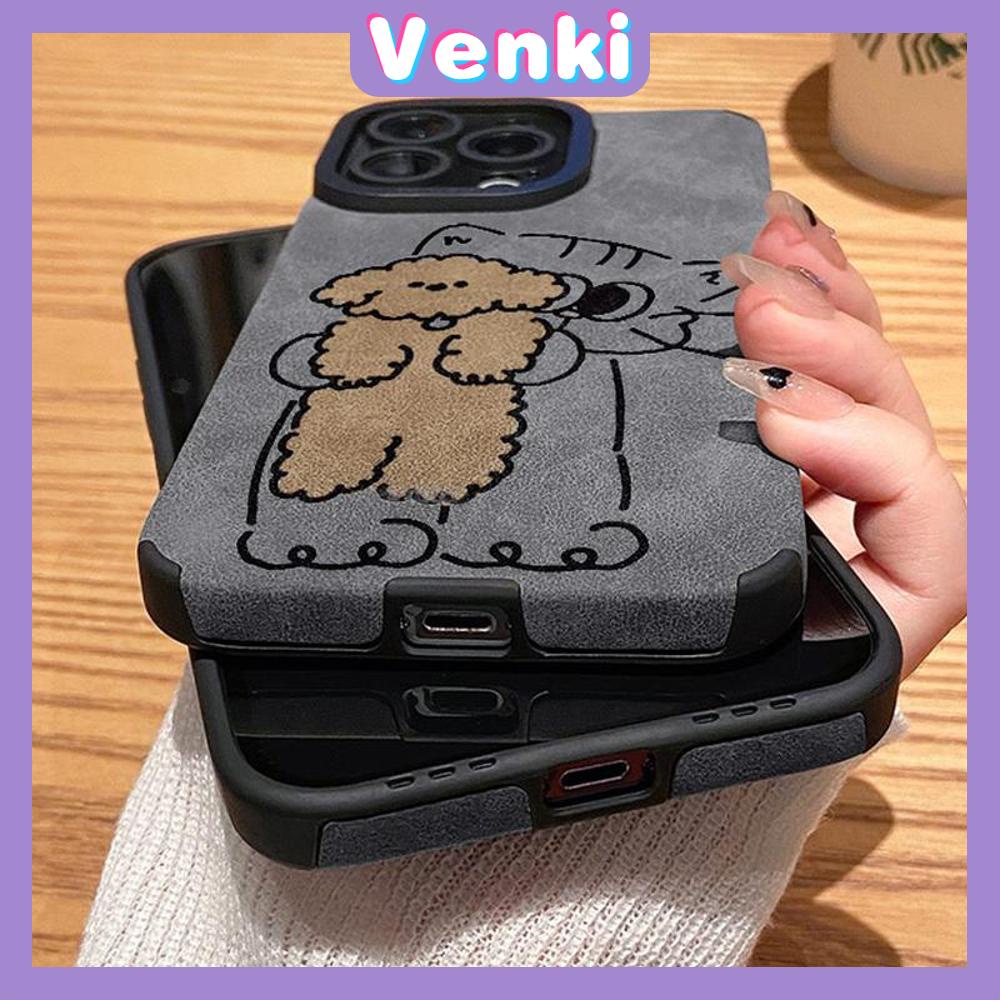 VENKI - Untuk iPhone 11 Case Leather Pupil Suede Case Soft Shockproof Phone Case Camera Simple Cute Cat Bear Kompatibel dengan iPhone 14 13 Pro max 12 Pro max xr xs 7Plus 8Plus