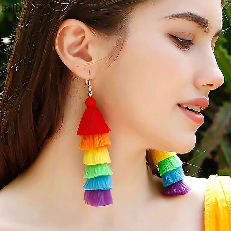 [BFID] 1pasang Perhiasan Handmade Musim Panas Gaya Bohemian Aksesoris Panjang Lucu Rain Color Layered Fringe Tassel Earrings Untuk Wanita [ID]