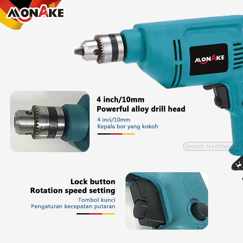 FREE SARUNG TANGAN!! MONAKE Mesin Bor Listrik Impact Drill Electric Drill 10mm Bolak Balik