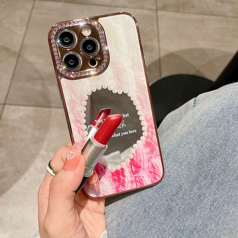 IPHONE Gadis Berlian Berkilau Perhiasan Make Up Cermin Ponsel Case Untuk Iphone13 14 Pro Max14 Plus Mewah Plating Dream Shell Bumper Cove