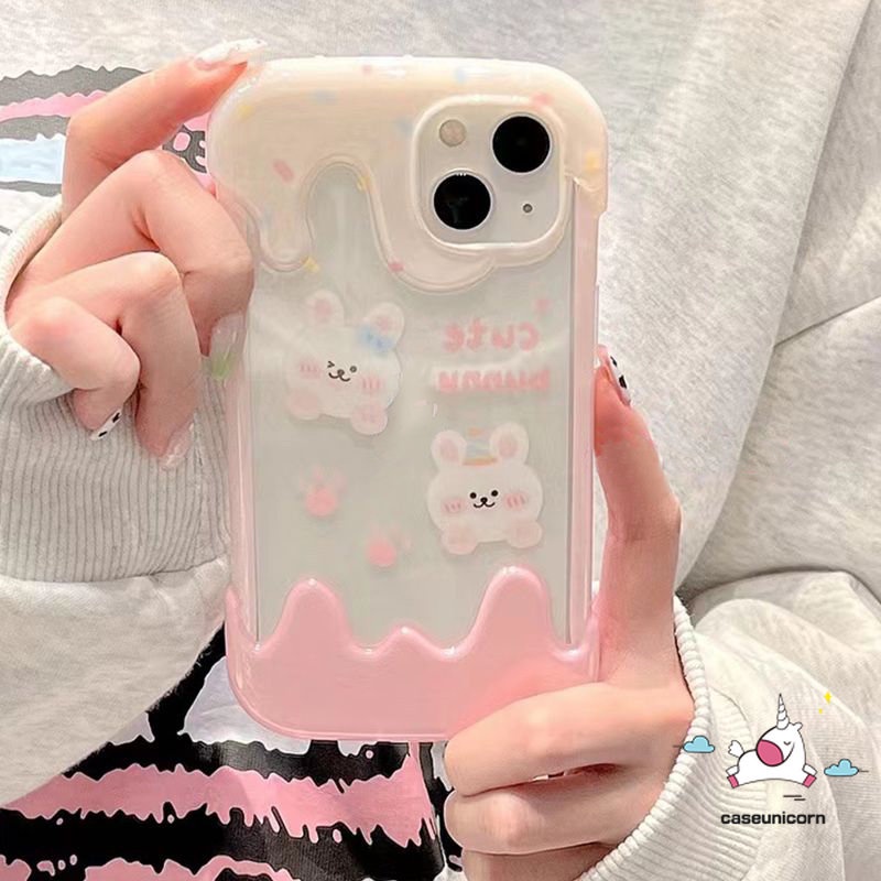 Cute Bear Rabbit Chick Kartun Ponsel Case Kompatibel Untuk IPhone XR X 7Plus 14 11 13 12 Pro Max7 8 Plus XS Max SE 2020lembut Musim Panas Indah Laurel Anjing Permen 3D Warna Ice Cream Cover