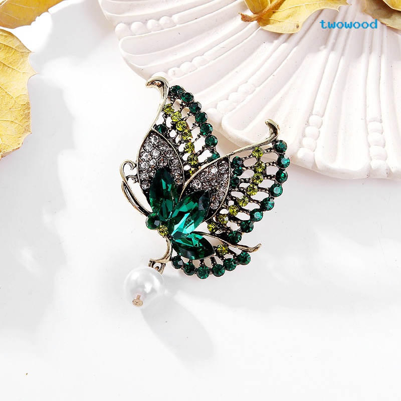 Twowood Butterfly Pearl Brooch Berlian Imitasi Bros Sweater Mutiara Korsase Logam Butterfly Brooch