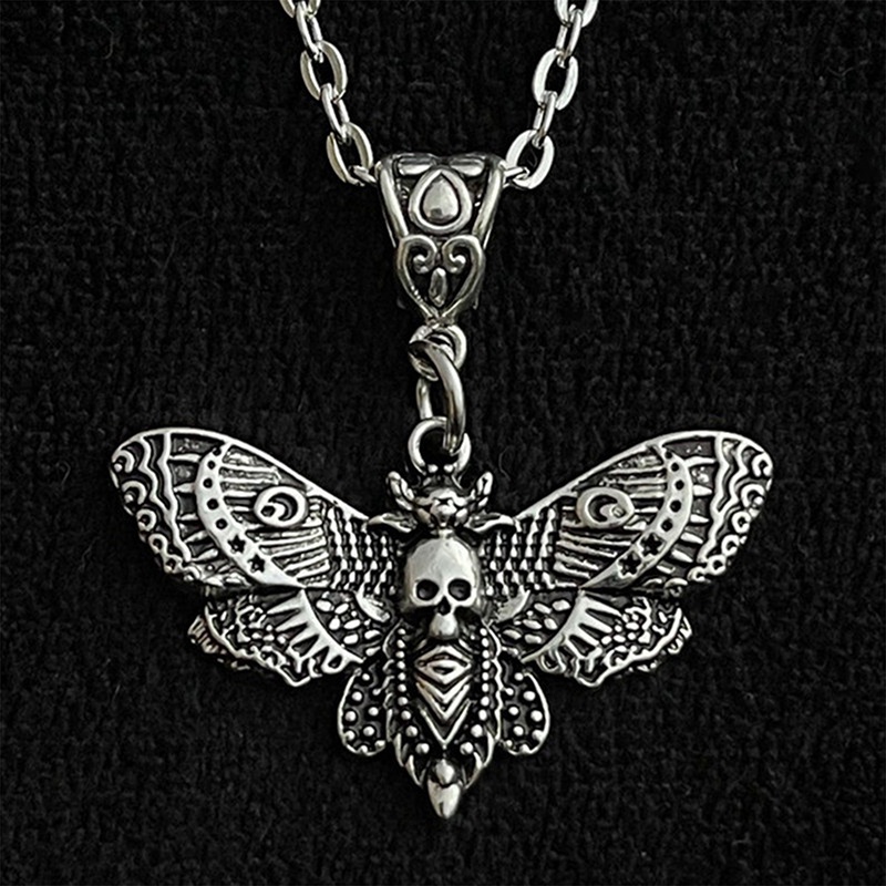 Death Moth Kalung Liontin Rantai Gula Tengkorak Gothic Kupu Batu Emo Goth Warna Silver 18inch Rantai Kuat