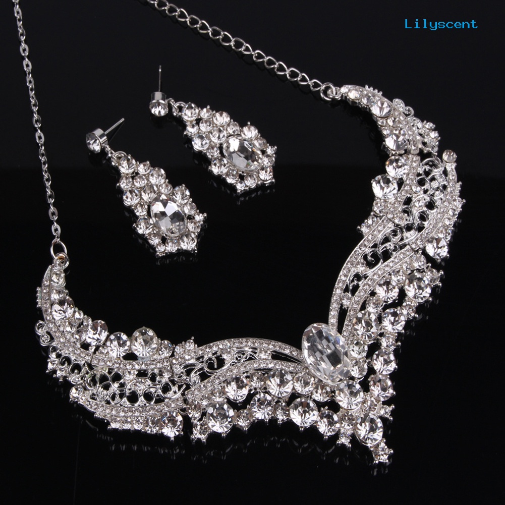 [LS]Wedding Bridal Queen Style Berlian Imitasi Sepenuhnya Mengkilap Kalung Anting Set Perhiasan