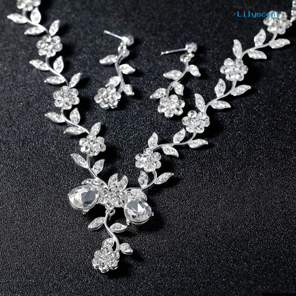 [LS]Wanita Berlian Imitasi Daun Bunga Kalung Stud Anting Pernikahan Bridal Perhiasan Set