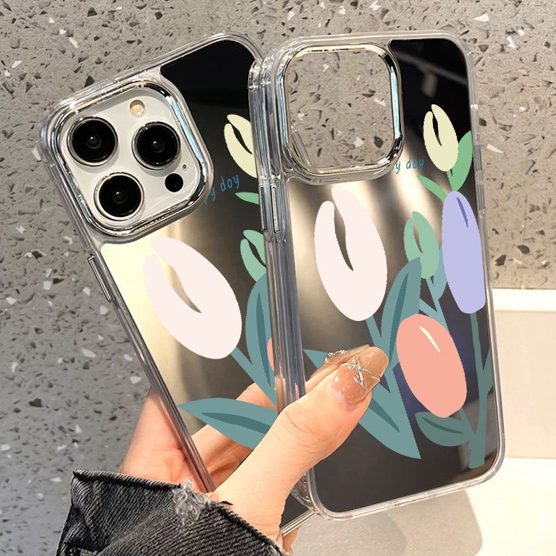 IPHONE Casing Ponsel Cermin Tulip Kompatibel Untuk Iphone11 12 13 14 12Pro 13Pro 14Pro Pro Max XR X XS Max Electroplating Tombol Perlindungan Mirror Cover