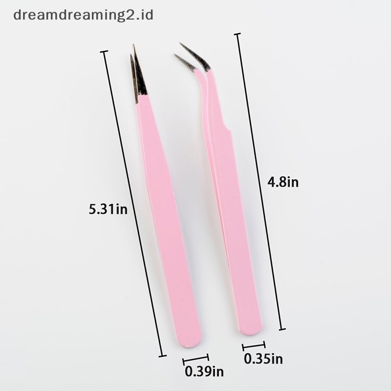 (drea) 2pcs Pinset Ekstensi Bulu Mata Stainless Steel Pinset Bulu Mata Lurus Melengkung //