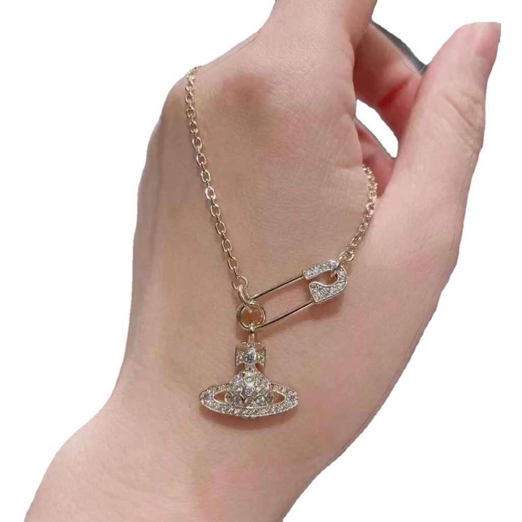 And Elegan Saturn Pin Kalung Temperamen Perempuan Penuh Berlian Kalung Rantai Klavikula Unik Perempuan Ringan Mewah Gelang Fe