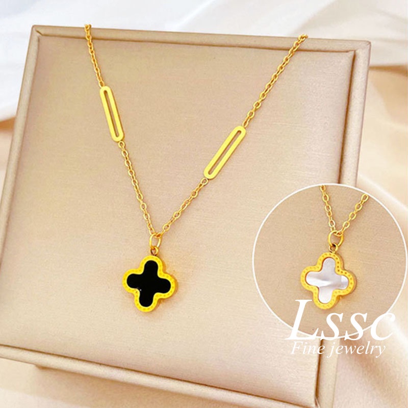 Kalung Titanium Bunga Clover Hitam Aesthetic Cantik Korea Emas 18K Anti Karat Aksesoris Wanita Perhiasan