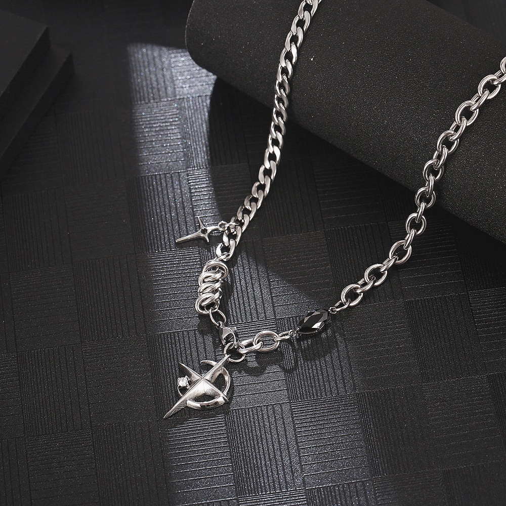 Hip Hop Titanium Steel Kalung Unisex Salib Hitam Batu Permata Bulan Sabit Liontin