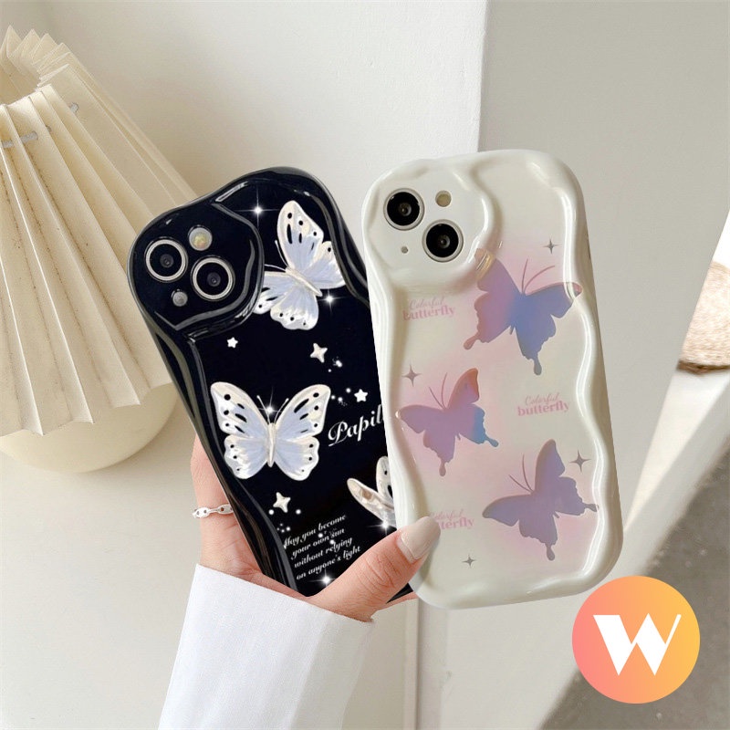 Casing Ponsel 3D Wavy Curved Edge Kompatibel Untuk IPhone 13 12 14 11 Pro MAX 6S 7 6 8 Plus Se2020 7Plus XR XS X MAX INS Korea Glitter Fantasy Retro Lucu Indah Butterfly Case