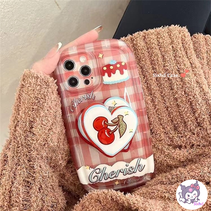 Untuk Redmi Note 12 11 11s 10s 9s 10Pro Redmi 12 12C 10C 11A 10A 9C 9T 9A Xiaomi 11 Lite Poco M3 X3Pro NFC Fashion Kotak-Kotak Cherry Dengan Bracket Phone Case Soft TPU Protection Cover