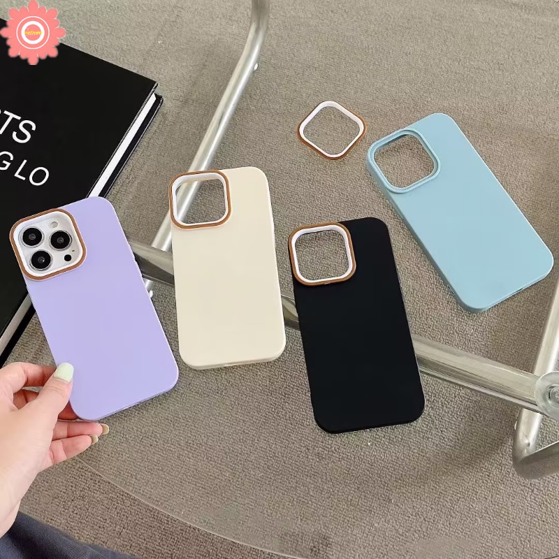 Skin Feel Anti-Fall Hard Phone Case Compatible for IPhone 7Plus 11 13 14 12 Pro Max 8Plus XR X XS MAX 7 8 Plus Luxury Macaron Color Simple Solid Color Simple Metal Lens Frame Cover