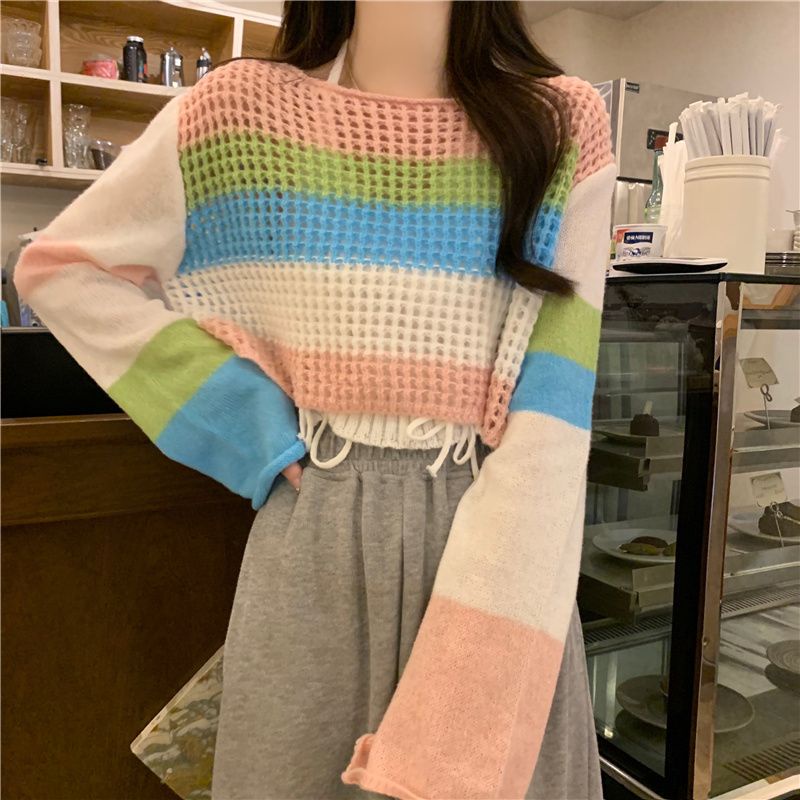 Sweater Wanita Rajut Cutout Lengan Panjang Stripe Outerwear