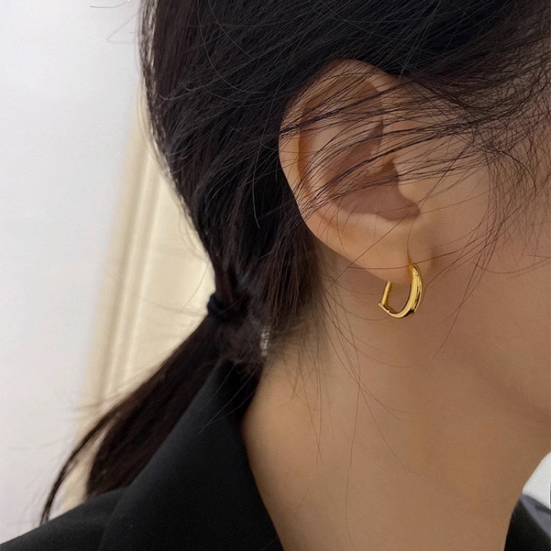 Papaozhu Minimalis s925 Perak Shiny Modal D Hoop Earrings Untuk Wanita Perempuan Chic Chunky Logam Anting-Anting Pakaian Sehari-Hari Telinga Perhiasan Aksesoris