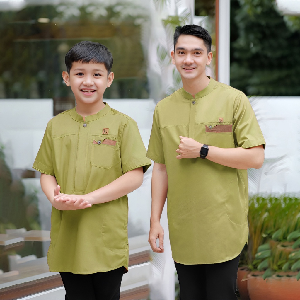 Baju Koko Kurta Baju Muslim Couple Anak & Ayah Bergaya Islami Bersama Keluarga Lengan Pendek Hijau L