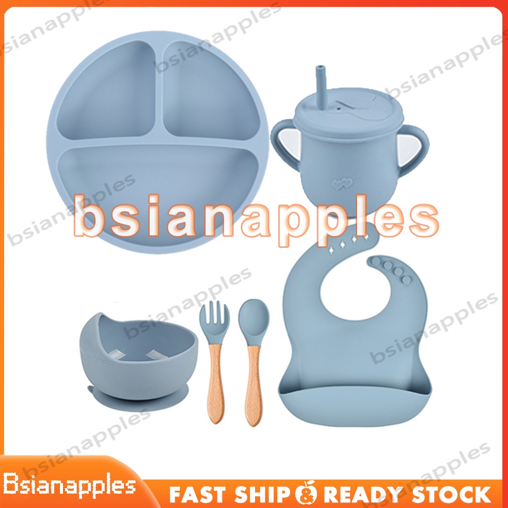 6 pcs Peralatan Makan Bayi Silikon Alat pemberian makanan tambahan untuk anak-anak Peralatan makan silikon peralatan makan mpasi BPA Free Waterproof Mangkok Piring Sendok Garpu Bib Cup Silikon Non Slip