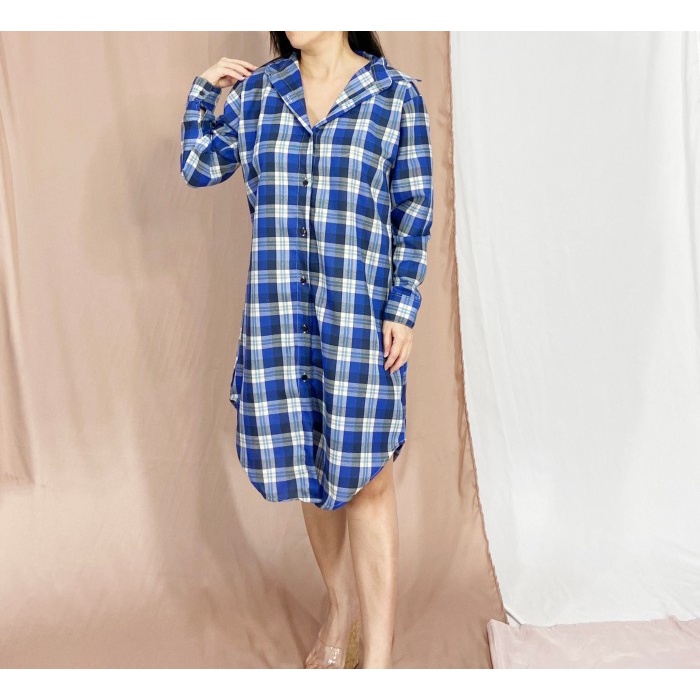 Harga Spesial Promo tunik kemeja wanita lengan panjang flanel / tunik flanel kotak kotak - Biru